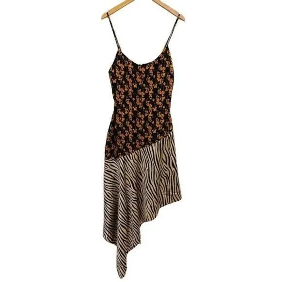 Lulu’s Gold Mine Black Multi Print Satin Asymmetrical Midi Dress Size Medium - Picture 9 of 12